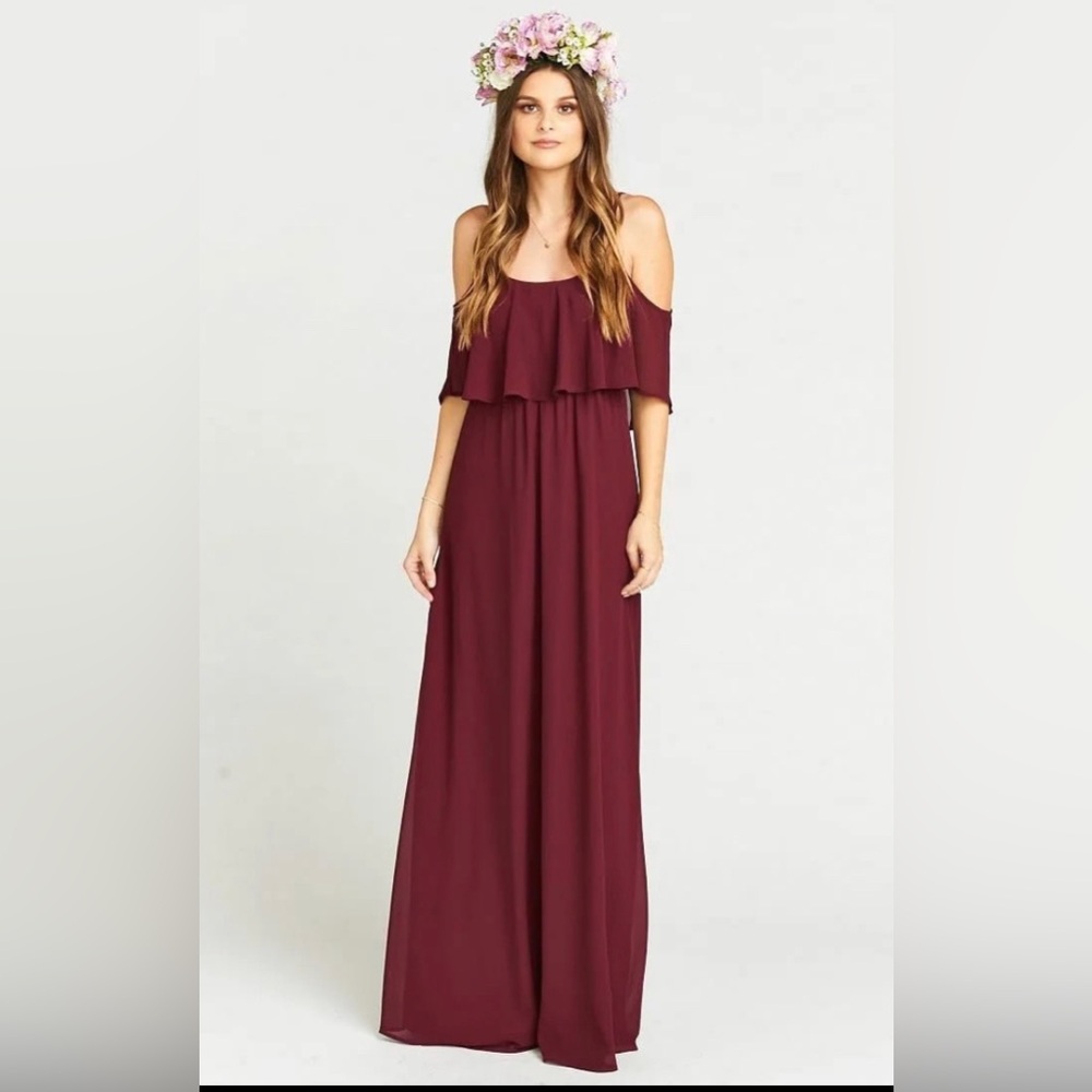 Show Me Your Mumu Caitlin Ruffle Maxi Dress in Merlot Chiffon Size Medium NEW